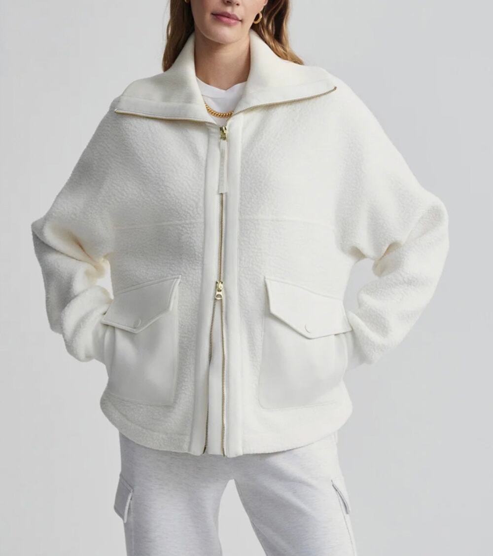 NWT Varley Eleanor Patch Pocket Teddy Fleece Full Zip Jacket Large Cream Ivory